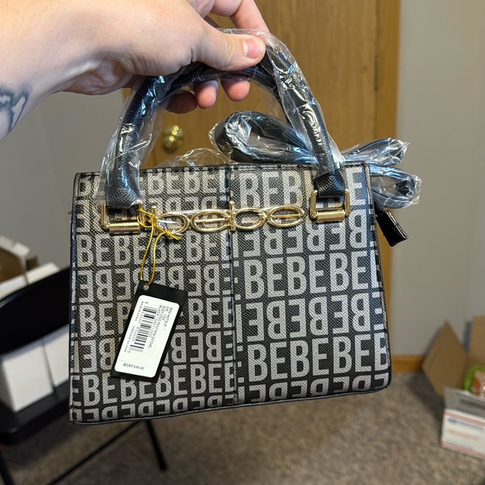 Bebe Gray/Black  Satchel with Monogram Pattern and Glossy Finish - Picture 2 of 12